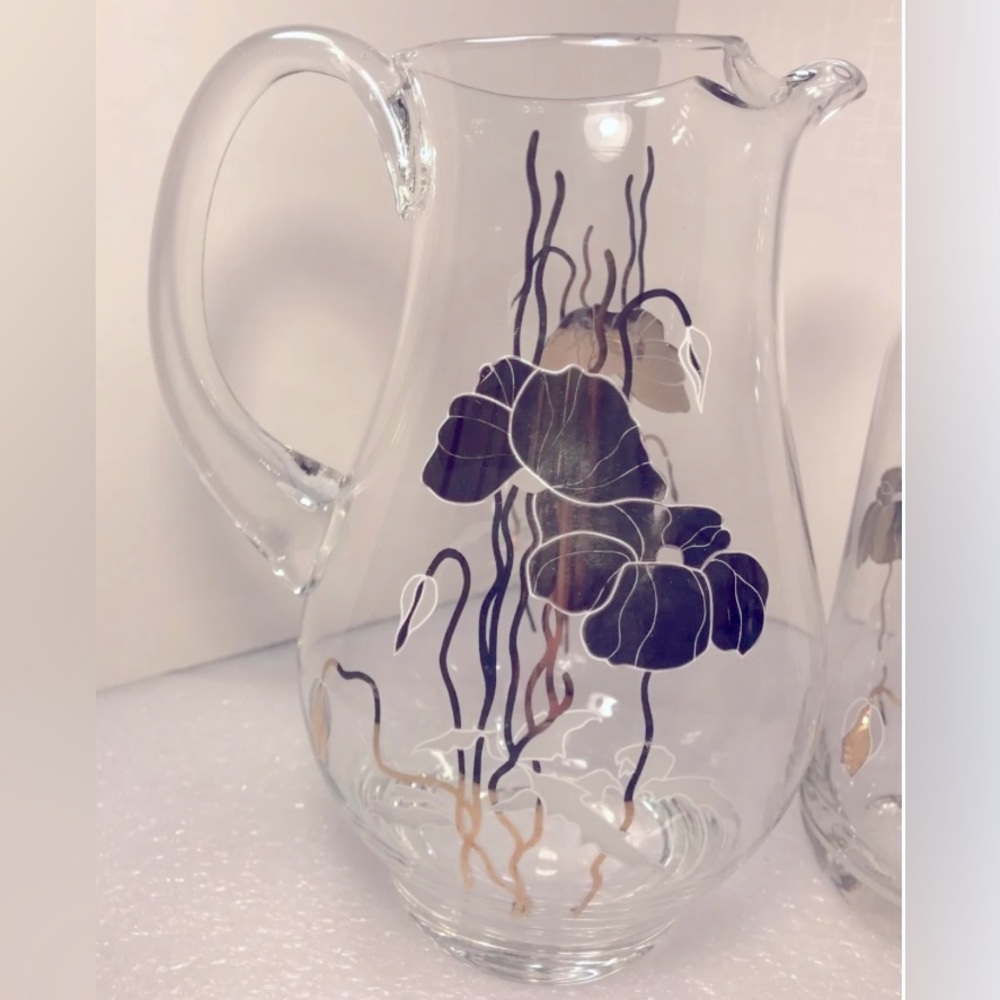 Blown Crystal Shangri-La Pitcher Gold Floral Design Turkey 1980